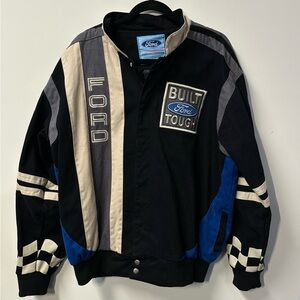 Y2K FORD men's black "takes no prisoners" graphic checkered bomber jacket, L.
